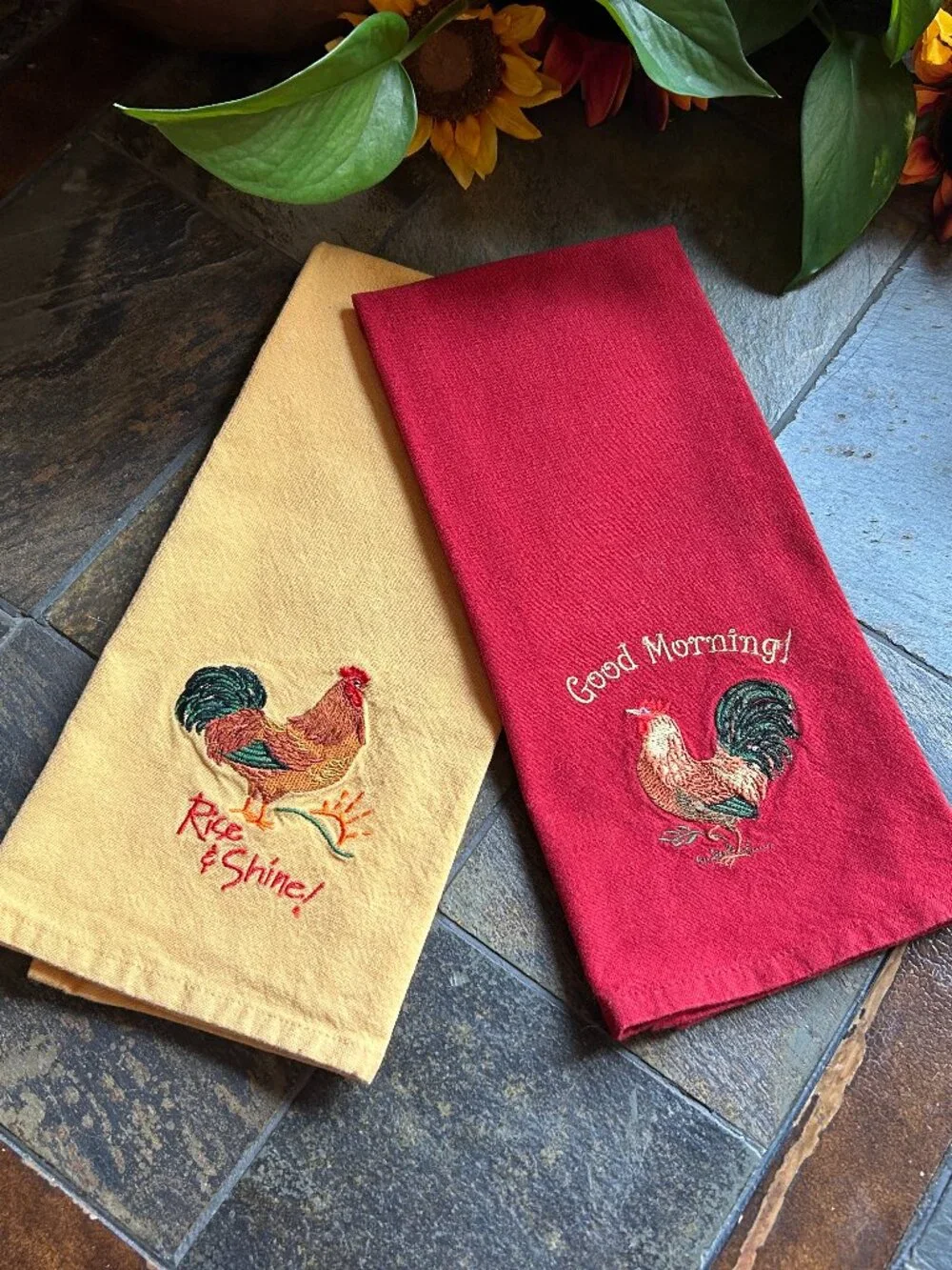 Embroidered Rooster Kitchen Tea Towels – Set of 2